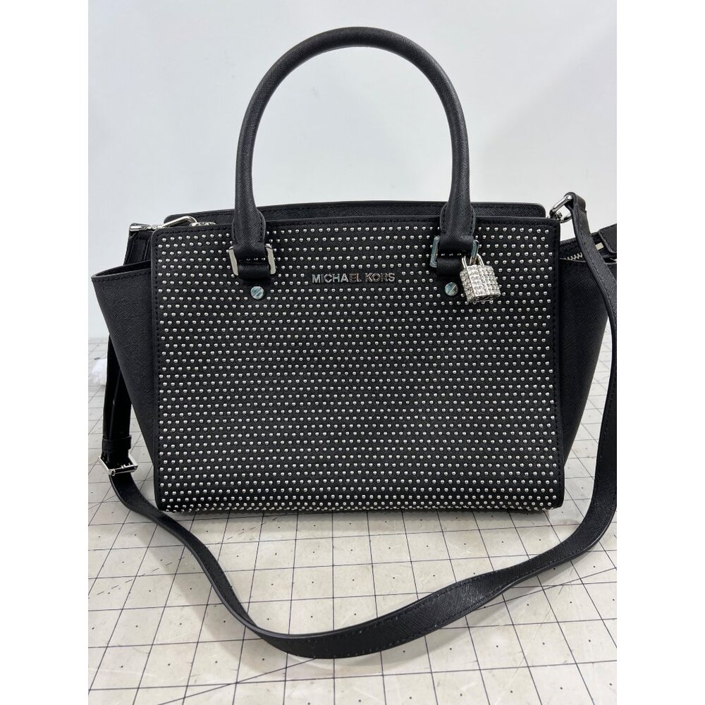 Michael Kors Black Studded Satchel Crossbody Bag w/Handles Strap ~~minty~~ - Picture 4 of 7